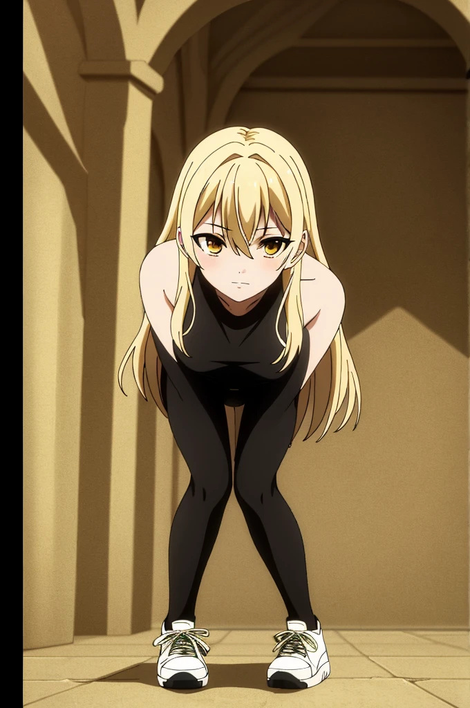 ((best quality)),((highly detailed)),masterpiece,absurdres,detailed face,Stands at full height, slim body, openlegs, beautiful face,(detailed eyes, deep eyes),1girl,((dynamic pose))  Guideau, blonde hair, solo, yellow eyes, long hair, black thong, t-shirt, Sneakers, Full-length, 