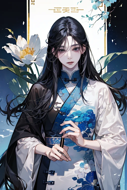 male性,male,Long black hair,long flowing hair,Soft Lighting,water ink,Low saturation,Low contrast,flower,百合のflower束,Neat and clean clothes