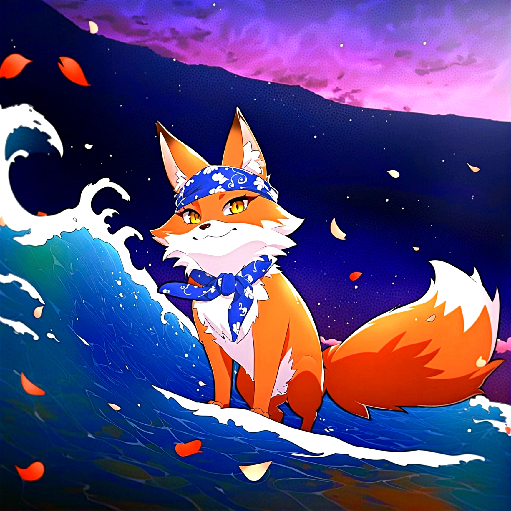 fox Light blue hair beast indigo fur fox beast Sesshomaru, Yellow eyes, Anime, Perfect face, Perfect Lighting, Outdoors, Warm colors, Dark purple sky, Autumn sunset, Bearing Claw, Ready to fight wave, koi fish, anime artstyle, wide view, fluffy. yellow fox, marking under the eyes, crystal antler ,violet eyes, wearing bandanna, flower petals, Ambient light,Ultra-fine fur,volumettic light,natural lightting,fox tail,nevando,35mm。High quality, high detal, Best quality, hyper HD,individual,Single