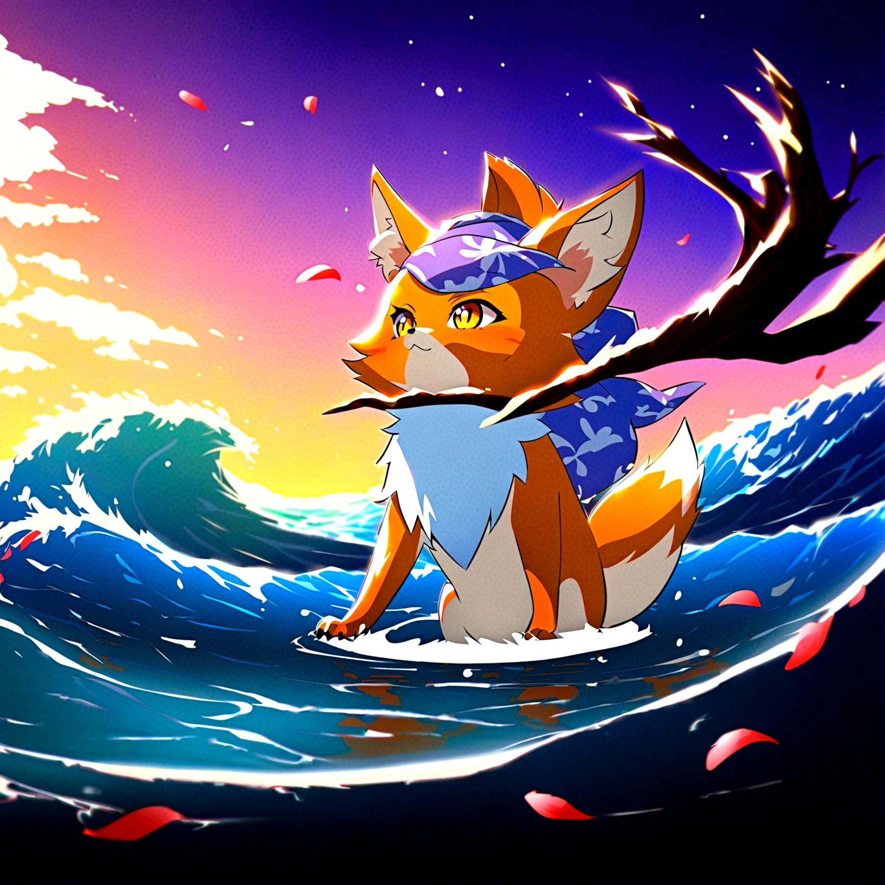 fox Light blue hair beast indigo fur fox beast Sesshomaru, Yellow eyes, Anime, Perfect face, Perfect Lighting, Outdoors, Warm colors, Dark purple sky, Autumn sunset, Bearing Claw, Ready to fight wave, koi fish, anime artstyle, wide view, fluffy. yellow fox, marking under the eyes, crystal antler ,violet eyes, wearing bandanna, flower petals, Ambient light,Ultra-fine fur,volumettic light,natural lightting,fox tail,nevando,35mm。High quality, high detal, Best quality, hyper HD,individual,Single