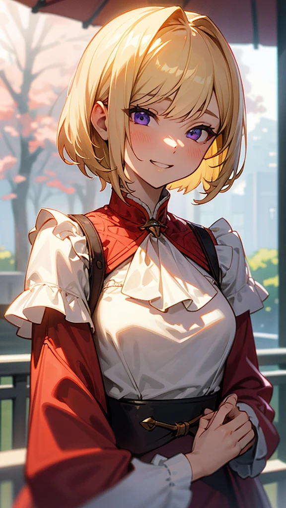 Woman in short skirt and shirt posing for photo、One girl, alone, Blonde Hair, Scene Hair, Barrette, Pink Stripes, Striped Hair, short hair, Off-the-shoulder shirt, Outdoor, Flower Field, forest, Beautiful sky, plant, jirai kei, Bare shoulders, mini skirt, Checked skirt, garter belt, Earrings, Thick lips, Pink Eyes, Layered Hair, Huge breasts, Long sleeve, Thick thighs, (anime:1.2), Blunt Bang, eye make up, choker, bow tie, Are standing, Handbags, pearl Earrings, Cowboy Shot, Tilt your head, smile,