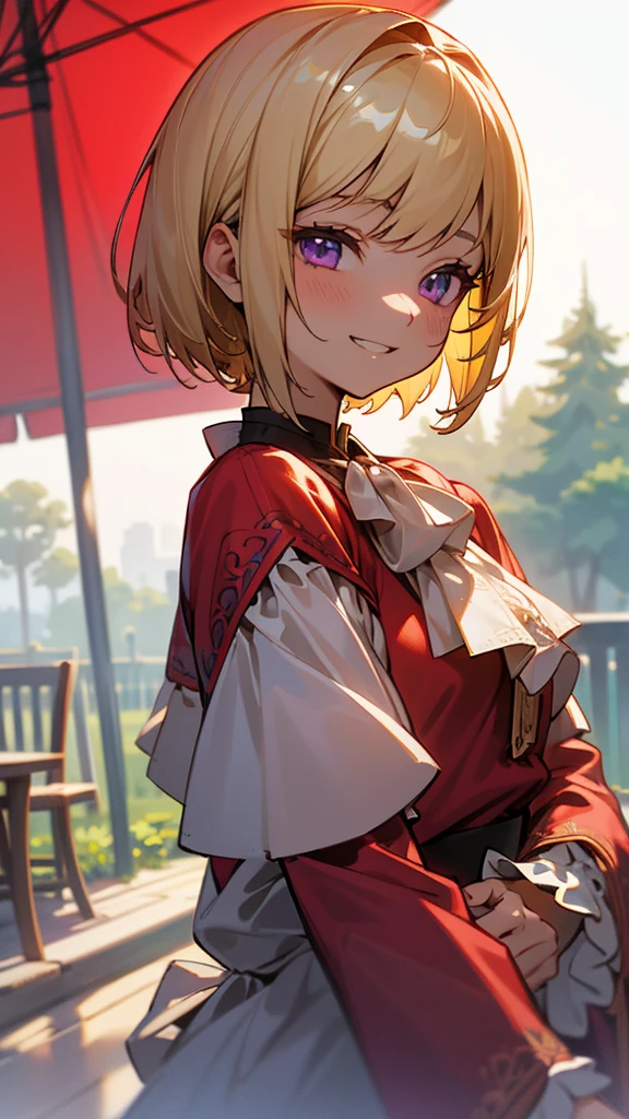 1 Girl、、Sharp focus、(Bokeh) (Highest quality) (Detailed skin:1.3) (Intricate details) (anime)、Upper body close-up、From the side、Natural Proportions、thin、Small breasts、Grin、White skin、(blonde)、Bobcut、Beautiful purple eyes、Red jacket、(Long sleeve blouse)、Frilled blouse、Upper body close-up、Morning Cafe Terrace、Background Blur, Written boundary depth