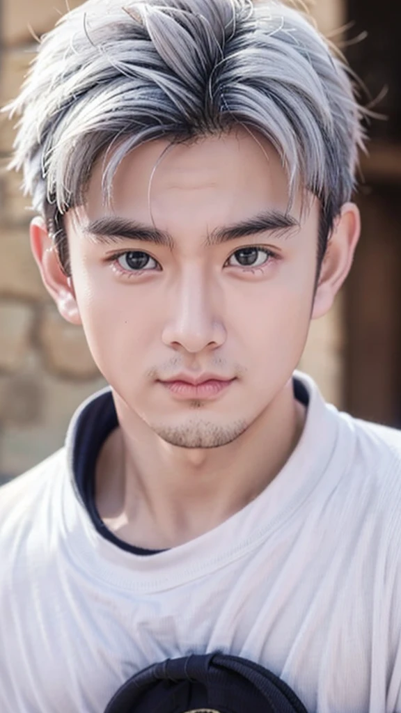 Gray Hair、male、mascle、Handsome、White Haori、Black school uniform、pupils are small、Small eyes、Angry face、Mushy hair、Violent facial expression
