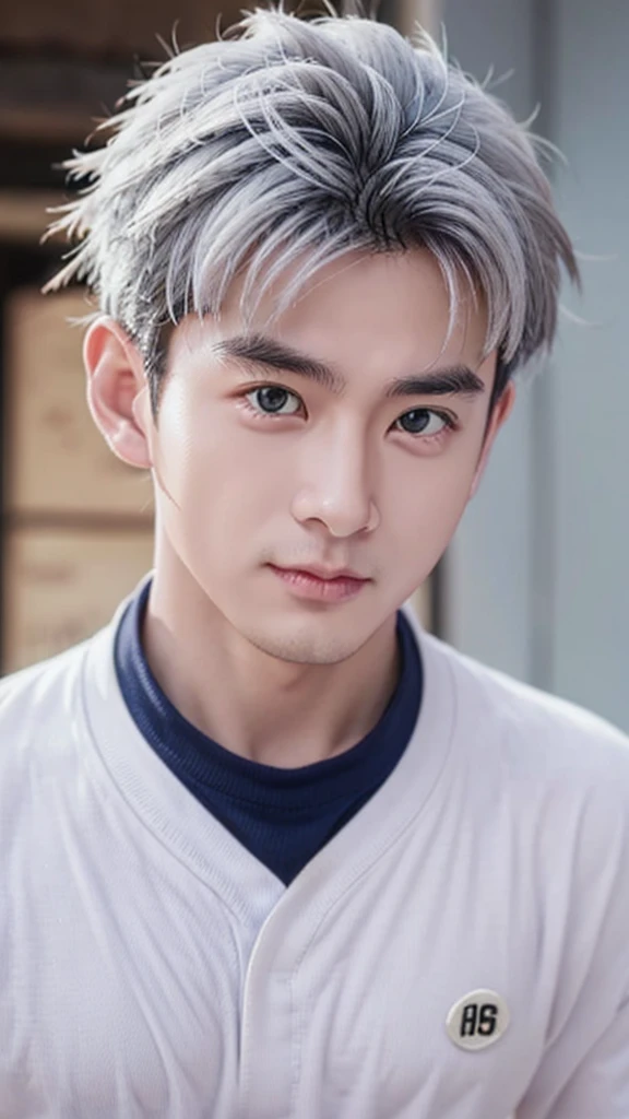 Gray Hair、male、mascle、Handsome、White Haori、Black school uniform、pupils are small、Small eyes、Angry face、Mushy hair、Violent facial expression
