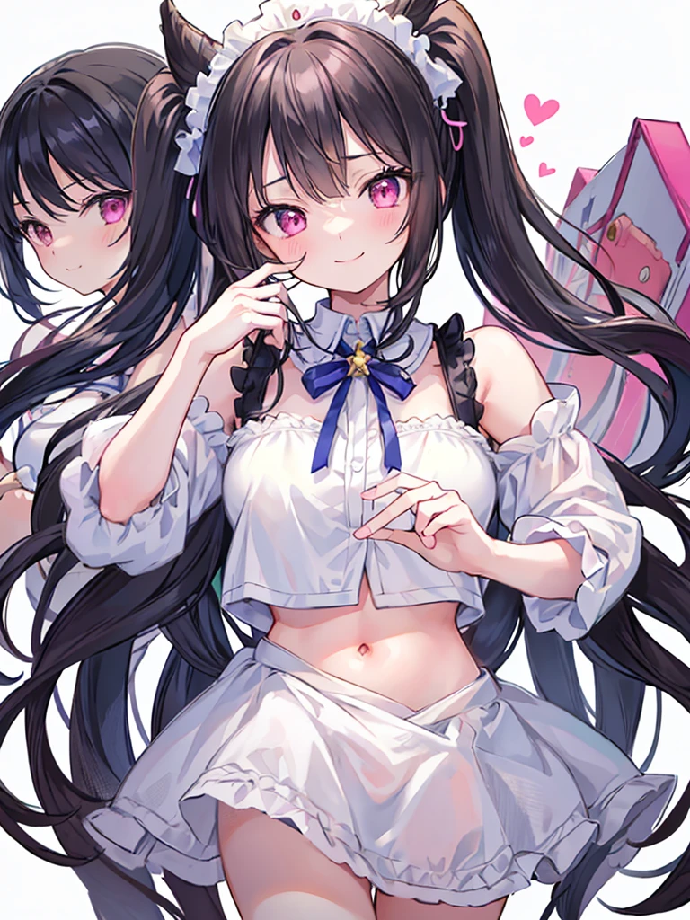 best quality, super fine, 16k, extremely detailed, delicate and dynamic, cute woman, baby face,black hair, pink eyes, A detailed eye, source_anime, high detail, hair ornament, small breasts,(straight hair), (twintail), (ong hair),smile、Young features, looking at viewer, (white background:1.3),long-sleeve,fluffy sleeves, fluffy hair、Elementary school girls, Put your hand on your face, hair clips、Black Stockings,standing, underwear,(Mixed wrestling:1.3),age girl、belly button、skirt、cute、beautiful illustrations, highest quality, pretty girl,beautiful girl、clear face、 half girl、pastel colour ,blonde、black hair、smile、blush、にこやかなsmile、thighs、(two girls:1.1)、perfect hands、five fingereet、facing each other、(Two girls are attacking us:1.1), maid dress