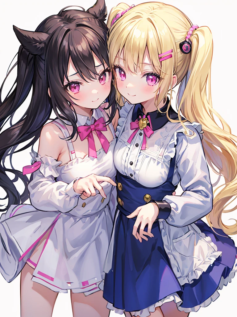 best quality, super fine, 16k, extremely detailed, delicate and dynamic, cute woman, baby face,black hair, pink eyes, A detailed eye, source_anime, high detail, hair ornament, small breasts,(straight hair), (twintail), (ong hair),smile、Young features, looking at viewer, (white background:1.3),long-sleeve,fluffy sleeves, fluffy hair、Elementary school girls, Put your hand on your face, hair clips、Black Stockings,standing, underwear,(Mixed wrestling:1.3),teenage girl、belly button、skirt、cute、beautiful illustrations, highest quality, pretty girl,beautiful girl、clear face、 half girl、pastel colour ,blonde、black hair、smile、blush、にこやかなsmile、thighs、(two girls:1.1)、perfect hands、five fingereet、facing each other、(Two girls are attacking us:1.1), maid dress