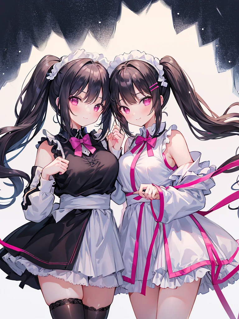 highest quality、High resolution、detailed background、Beautiful and dense face、beautiful and smooth skin、skin texture、cute10歳の美少女、(huge breasts:1.3)、(realistic:1.3)、perfect body line、black hair braided ponytail、Calm atmosphere、
He looked at me with a happy expression.、laughter、smile、sexual expression、Tea time at the cafe、(Two women enjoy chatting at a cute cafe)、pinkと黒の花柄刺繍パンティー、pinkと黒の花柄刺繍ブラジャー、
Maid uniforms generally feature a dress or dress-like design.、(emphasize the chest服、胸のemphasize cleavage服、revealing clothing)、The voluminous skirt and cinched waist highlight the femininity and cuteness.、Frills and lace are often used、The collar has frills and lace.、, cuffs, and the hem of the skirt, Gives a soft impression.、
What is an apron?、It is the cloth that covers the body from the waist down, symbolizing the work of a maid.。.、pink, green, red, Check Pattern, heart pattern、Cute accessories such as ribbons, The headdress and apron are decorated with roses.、emphasize the chest、emphasize cleavage、cute、panty shot、camel toe