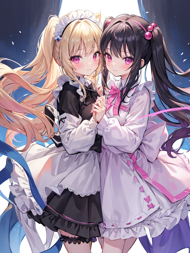 best quality, super fine, 16k, extremely detailed, delicate and dynamic, cute woman, baby face,black hair, pink eyes, A detailed eye, source_anime, high detail, hair ornament, small breasts,(straight hair), (twintail), (ong hair),smile、Young features, looking at viewer, (white background:1.3),long-sleeve,fluffy sleeves, fluffy hair、Elementary school girls, Put your hand on your face, hair clips、Black Stockings,standing, underwear,(Mixed wrestling:1.3),age girl、belly button、skirt、cute、beautiful illustrations, highest quality, pretty girl,beautiful girl、clear face、 half girl、pastel colour ,blonde、black hair、smile、blush、にこやかなsmile、thighs、(two girls:1.1)、perfect hands、five fingereet、facing each other、(Two girls are attacking us:1.1), maid dress