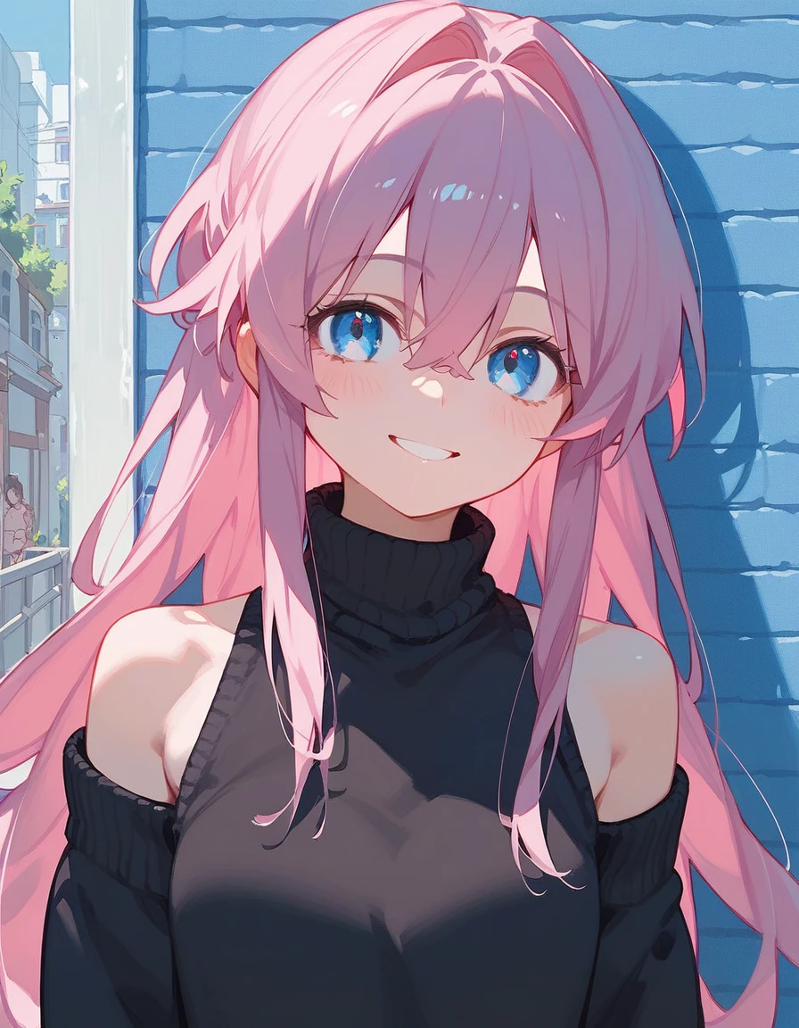 One girl, Shikimori-san, Pink Hair, Long Hair, blue eyes, Hair between the eyes, bangs, blush, compensate, smile, chest, Black sweater, Bare shoulders, No sleeve, skirt, View your viewers, masterpiece, Highest quality