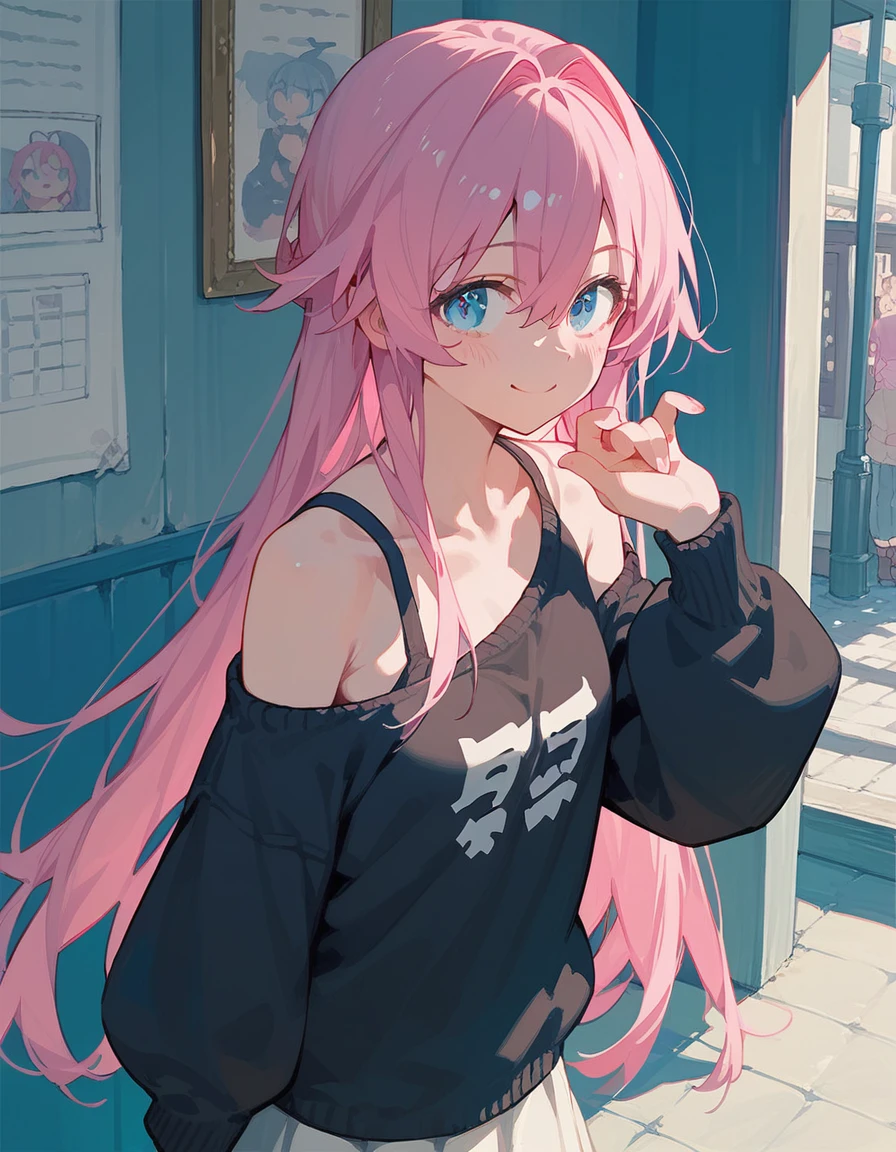 One girl, Shikimori-san, Pink Hair, Long Hair, blue eyes, Hair between the eyes, bangs, blush, compensate, smile, chest, Black sweater, Bare shoulders, No sleeve, skirt, View your viewers, masterpiece, Highest quality