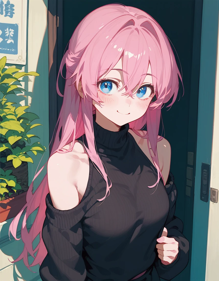 One girl, Shikimori-san, Pink Hair, Long Hair, blue eyes, Hair between the eyes, bangs, blush, compensate, smile, chest, Black sweater, Bare shoulders, No sleeve, skirt, View your viewers, masterpiece, Highest quality   