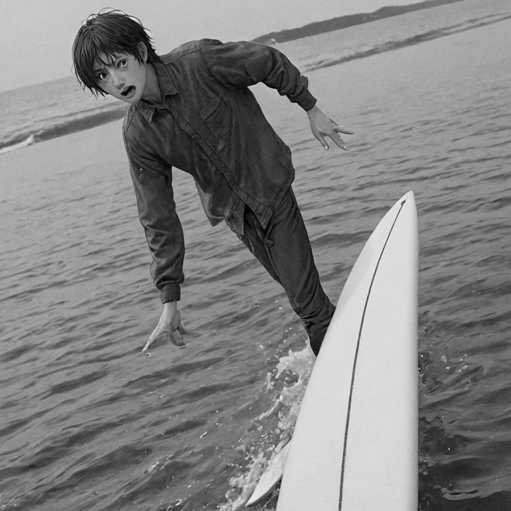 1man, board surfing, sea (anime), bizarre scenario, This is Junji, Yusuke Murata, black and white, 8K, anime, horror