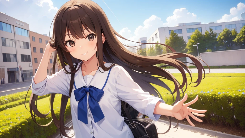 Masterpiece,high school,smile,Are standing,1 ,Long Hair,Brown Hair,はにかんだsmile0.5,uniform,cute,White skin,summer,blue sky,One girl,Face Focus,Soft Light,Brown eyes