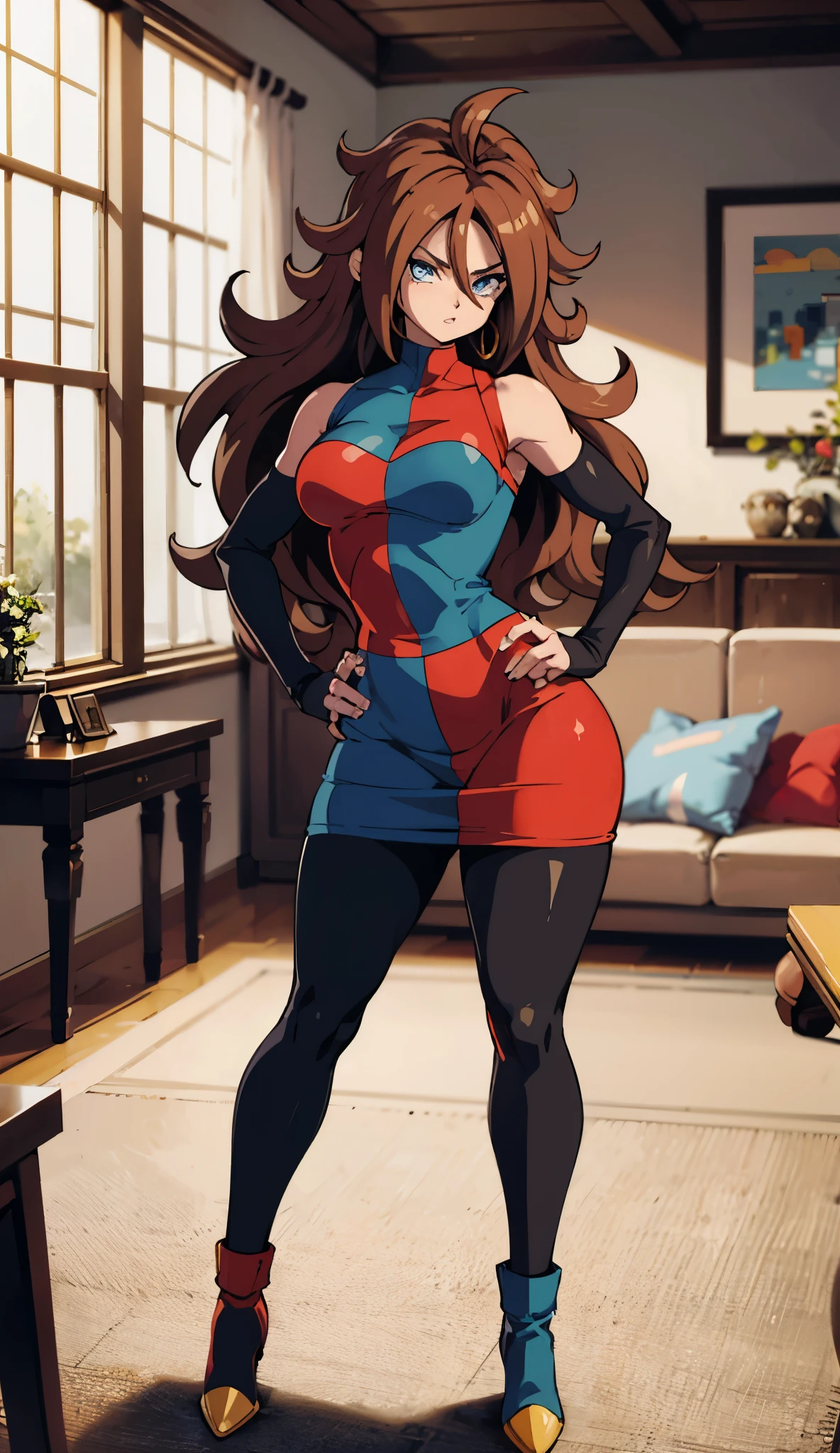 android 21, cups, long brown hair, blue colored eyes, plaid dress, pantyhose, looking to the side, pose lateral, standing, ele está standing, serious, legs spread open, livingroom, light bulb, high qualiy, work of art, legs thick, big-ass, body healed,