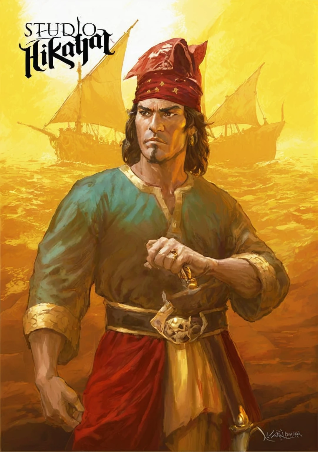 a painting of a man in a pirate costume holding a sword, inspired by Altoon Sultan, king of pirates, inspired by Aladár Körösfői-Kriesch, inspired by Li Kan, published art, by Kristian Kreković, by Tibor Rényi, German fury