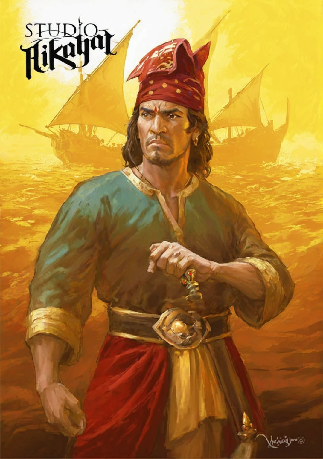 a painting of a man in a pirate costume holding a sword, inspired by Altoon Sultan, king of pirates, inspired by Aladár Körösfői-Kriesch, inspired by Li Kan, published art, by Kristian Kreković, by Tibor Rényi, German fury