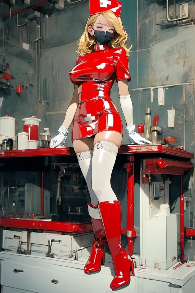 (masterpiece, Highest quality, 32K Wallpapers, Very detailed,portfolio),Blonde、Huge breasts and buttocks:1.8,Plump body:1.4、((White latex nurse uniform、Long gloves in latex、Latex boots、latex mask)),nsfw,BDSM,bondage,The sheen of latex:1.4
