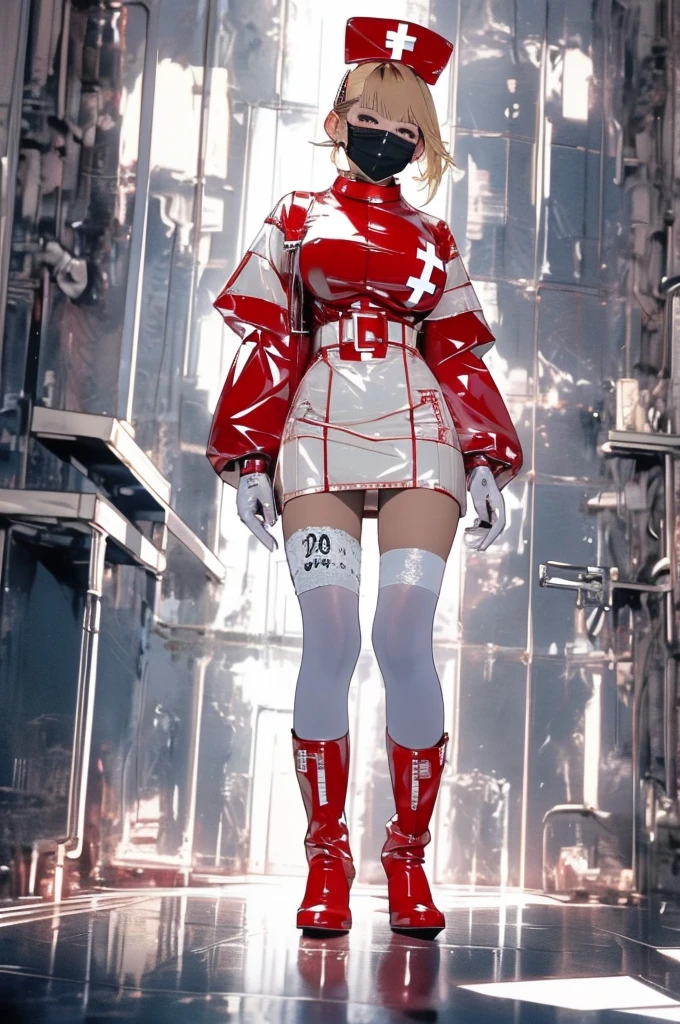 (masterpiece, Highest quality, 32K Wallpapers, Very detailed,portfolio),Blonde、Huge breasts and buttocks:1.8,Plump body:1.4、((White latex nurse uniform、Long gloves in latex、Latex boots、latex mask)),nsfw,BDSM,bondage,The sheen of latex:1.4