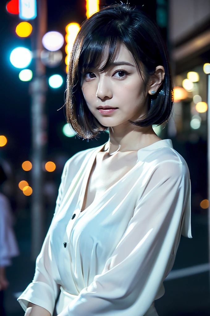cinematic, Blue hour, (((Ultimate ultra Photorealistic, ultimate high-quality 32k photo))),(((An American shot photo, crossed arms, a42yo ultimate beautiful &cute Japanese actress:))),(((She has a very intelligent and ultimate beautiful Japanese face&black eyes, pointy nose, ultra detailed face, oval face, blushing cheeks, ultimate well-proportioned face with))),((black elegant wet short middle bob, very light naturally makeup)),(((She has the ultimately perfect nice&Sensual proportions, very just fitted v-neck half sleeve white elegant business buttonless Open-collar blouses , white beautiful ultimate realistic glossy wet Japanese lady Fair and beautiful skin , A simple and modest silver necklace,Stormy Summer very Humid and Hot very dark Night ,Tokyo business night street)))