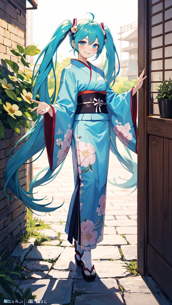 best quality, masterpiece, high resolution, solitary, (Hatsune_future_Blue File:1.10), 1 girl, Wide sleeves, Long sleeve, Looking at the audience, Heart, blush, flowering, Smile, outdoor, Floral, White Kimono, Residence, Printed Kimono, 14 ,full-body shot