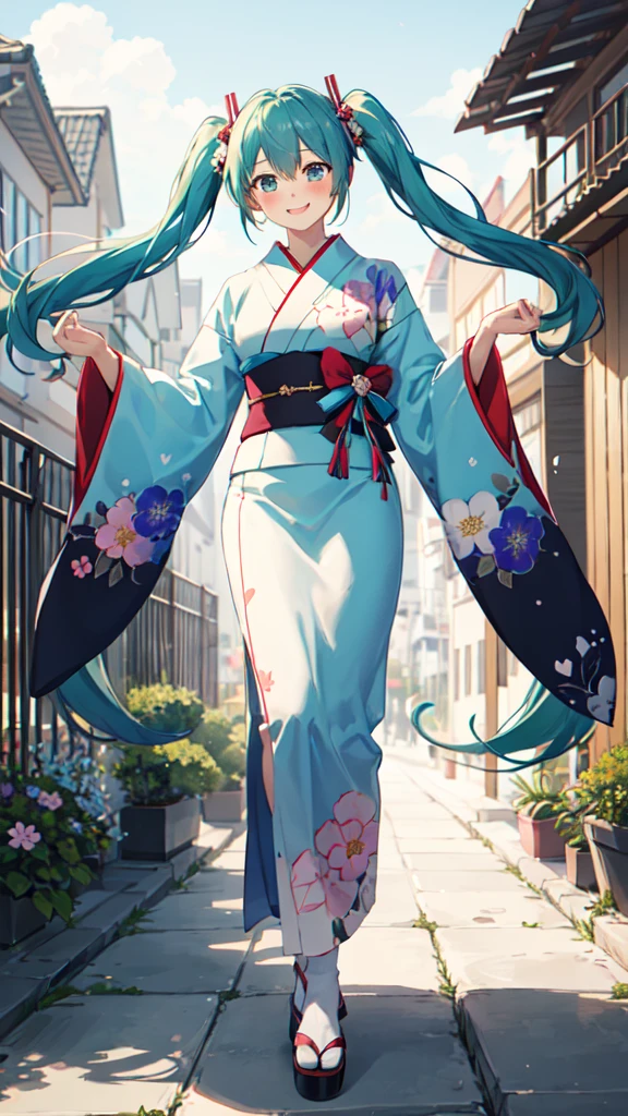 best quality, masterpiece, high resolution, solitary, (Hatsune_future_Blue File:1.10), 1 girl, Wide sleeves, Long sleeve, Looking at the audience, Heart, blush, flowering, Smile, outdoor, Floral, White Kimono, Residence, Printed Kimono, 14 ，full-body shot