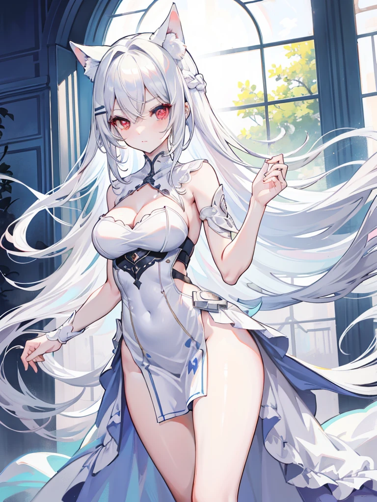 , White hair, tails, A nice figure with a slim waist, Solo,{{Best quality}}, {{Masterpiece}}, {{Ultra-detailed}}, {illustration}, {Detailed light}, Red eyes,Long hair，A revealing, thin dress blue color.