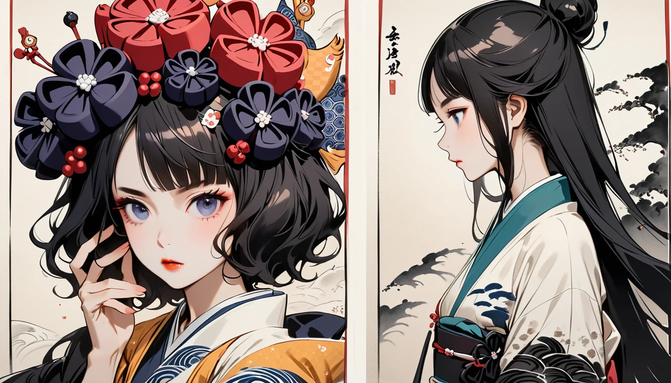 (((Highest quality))), (((Katsushika Hokusai))), (((Ink Painting))), ((very straight longhair)), ((1 girl)), ((Half of his face is a robot)), ((Beautiful girl in sunglasses)), Japanese style headphones, Black Hair, Delicate and precise, Modern ukiyo-e style