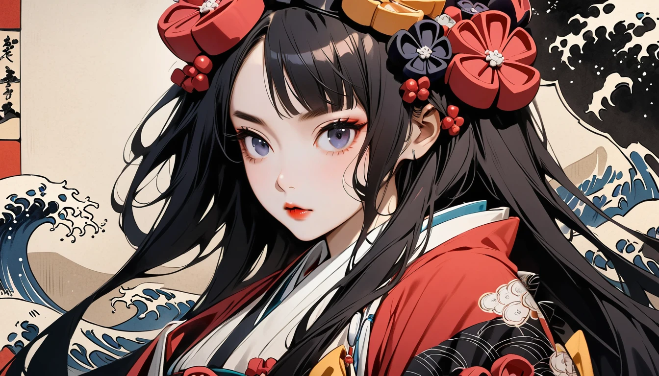 (((Highest quality))), (((Katsushika Hokusai))), (((Ink Painting))), ((very straight longhair)), ((1 girl)), ((Half of his face is a robot)), ((Beautiful girl in sunglasses)), Japanese style headphones, Black Hair, Delicate and precise, Modern ukiyo-e style
