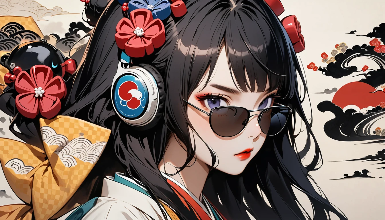(((Highest quality))), (((Katsushika Hokusai))), (((Ink Painting))), ((very straight longhair)), ((1 girl)), ((Half of his face is a robot)), ((Beautiful girl in sunglasses)), Japanese style headphones, Black Hair, Delicate and precise, Modern ukiyo-e style