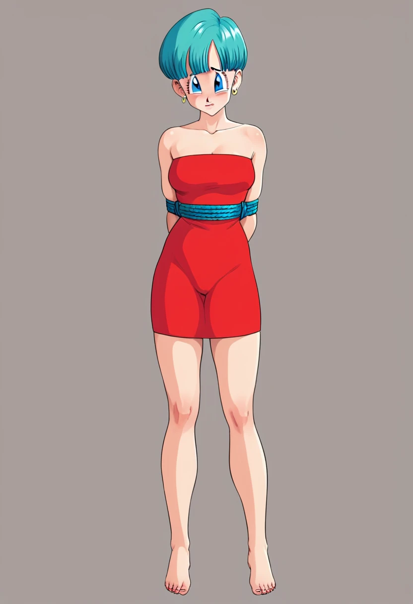 Bulma red sexy dress,  sexy legs, adult content, show naked pussy, full body image, sad expression, bondage, 
