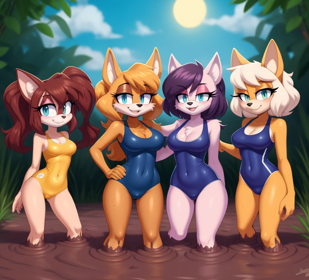 Mobians, wamudraws, anthro female, female furry, detailed fur, best quality, HD, full body, cameltoe, 5girls, 5 girls in beach, multiple subjects, group, team, adult female, group shot, coyote girl, cocker spaniel girl, borzoi girl, jackal girl, wolf girl, furry, anthro, adult, adult breasts, breasts, sexy breasts, lesbian, yuri, group, multiple girls, wet, hot, standing, twintails, looking at viewer, front view, standing, long hair, bangs, standing, blue one-piece swimsuit, school swimsuit, bang, cowboy shot, group shot, clothing cutout, portrait, girls together, 5 girls covered in mud, sexy, full body, beach, sunset, curled hair, short hair, ponytails, braid