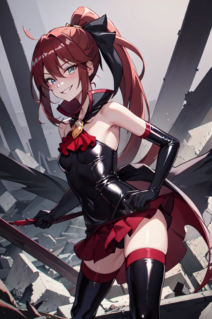 Highest quality, masterpiece, One Girl,Not beautiful, Red Ponytail, Long dress, brooch, Hair Ribbon, - Elbow hand pockets, Black knee socks, Standing on the rubble, (Wicked Smile:1.1), ,,Dark shadowed face,Sadistic smile,Malice,Contempt,smile,latex,Bad face,,Red Skirt,two hands,two legs,five fingers,evil background,elbow gloves,latex, Wicked Smile, devilish aura (Shiny fabric:1.5),Dark world background,独奏,feet,