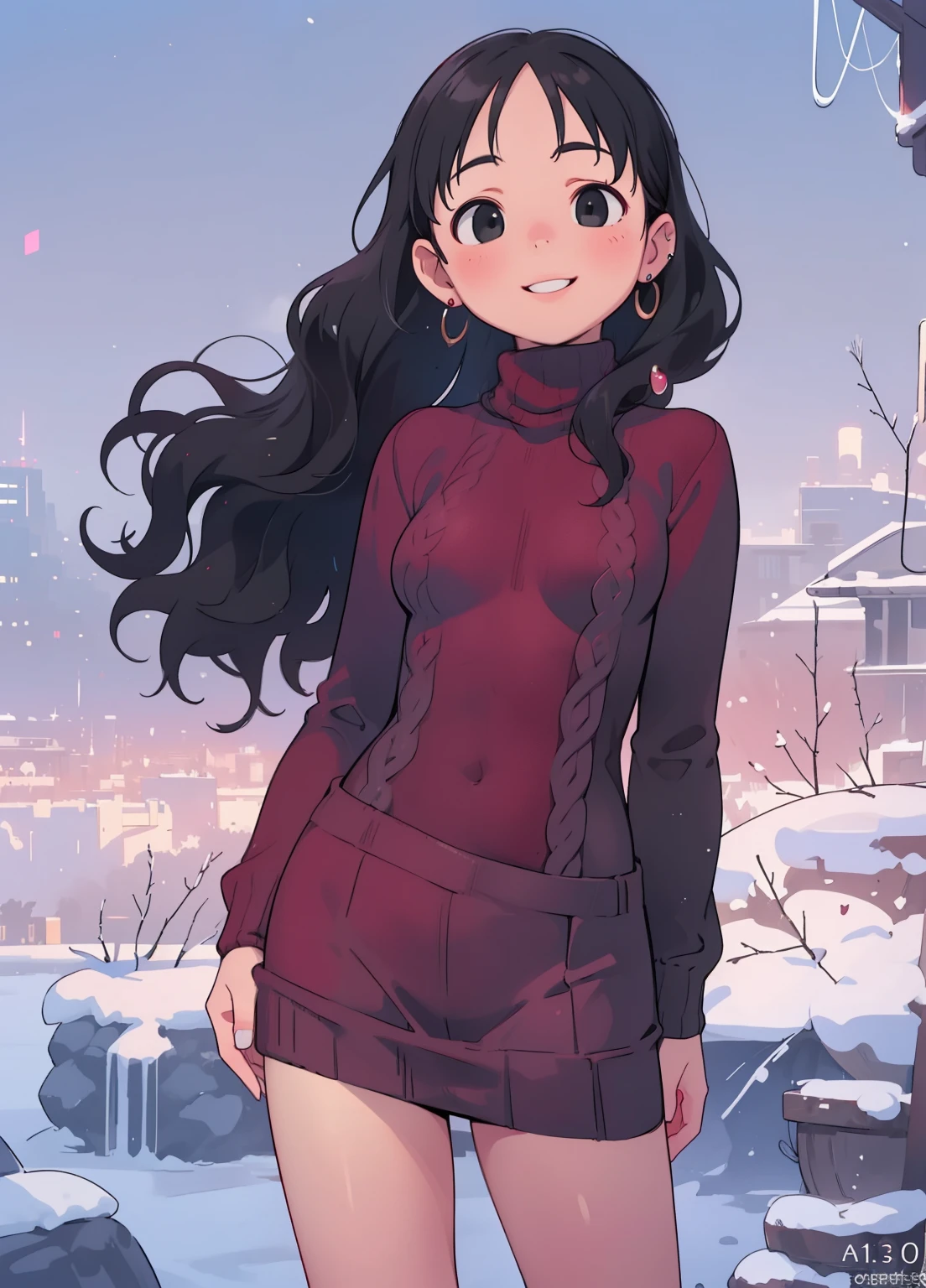 (masterpiece、Highest quality、Highest quality、Official Art、Beautiful and beautiful:1.2)、(One girl:1.3)Hatsune Miku、Twin tails,Beautiful breasts,(masterpiece:1.3, Highest quality, Ultra-high resolution, Very detailed), (Realistic, photoRealistic:1.4), Beautiful illustrations, Perfect lighting, colorful, Written boundary depth, 
Beautiful detailsまでこだわった髪, Beautifully detailed face, Beautiful details, Beautiful clavicle, Beautiful body, 美しいLarge Breasts, Beautiful thighs, Beautiful legs, Beautiful fingers, 
Show Viewer、Front view:0.6, beauty1人, Japanese, beauty、30 years old, Perfect Face, (Perfect Anatomy, Anatomically correct), Cute and symmetrical face, Baby Face, , Shiny skin, 
((Burgundy turtleneck sweater:1.4)),((Long skirt 1.5))
(Black Hair, Medium Wavy Hair:1.4),  Dark brown eyes, (Large Breasts), The body is slim, 
necklace, (Small earrings:1.3), 
(Beautiful views), (night), (city, cityscape in the distance), Standing with good posture, 優しいsmile、(smile, Lips parted), 