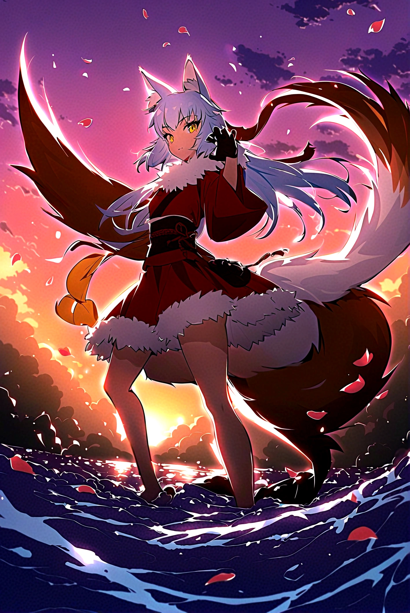 Fox Girl, Fox's Tail, Nine-Tailed Fox,Fox Ears, Black colored hair, Fox Makeup,One Girl、 Kimono with open chest, Body size is 100-70-90!、Nice body, Avatar, face, Open chest, lewd face, Dominant representation, naughty face,Big Breasts,Emphasize cleavage,Show bare skin、Skin is visible、With legs apart、Show off your thighs、With legs apart、A beautifully patterned kimono、I can see her cleavage、Muscular、Uplifting、Abdominal muscles、Exposed skin、Long Hair、Skin Texture、Soft breasts 、outside、Grassy field