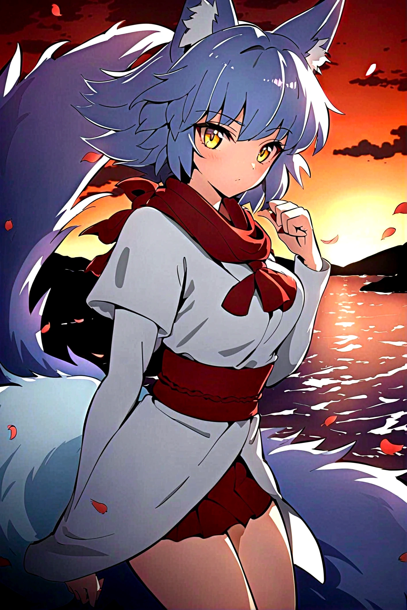 fox Light blue hair 　beast girl　indigo fur　fox beast girl　Sesshomaru, Yellow eyes, Anime, Perfect face, Perfect Lighting, Outdoors, Warm colors, Dark purple sky, Autumn sunset,  \(inuyasha\), Bearing Claw, Ready to fight　wave, koi fish, anime artstyle, wide view, fluffy. yellow  fox, marking under the eyes, crystal antler ,violet eyes, wearing bandanna, flower petals, Ambient light，Ultra-fine fur，volumettic light，natural  lightting，fox tail，nevando，35mm。High quality, high detal, Best quality, hyper HD，individual，Single