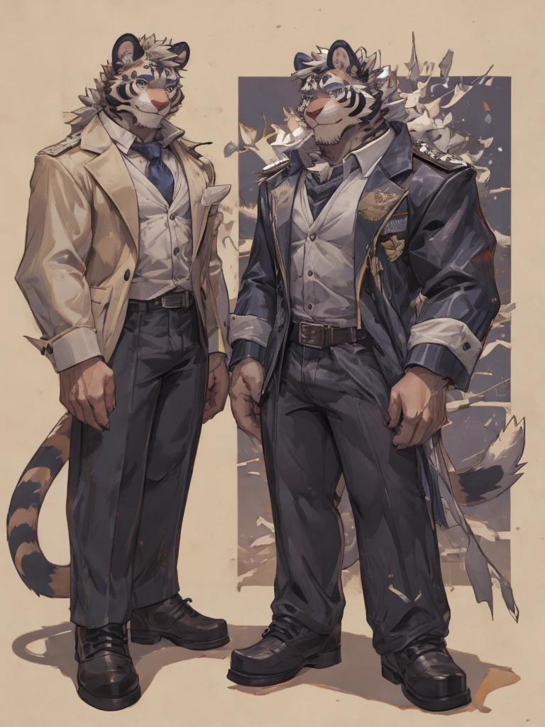 {{bara extremely handsome white tiger,}} {{white fur,}} white, wearing elegant ornate suit jacket, trousers, white dress shirt and necktie, white fluffy furry body and limbs, loafers, very tall, very broad shoulders, narrow waist, muscular arms, massive pecs, purple eyes, very long legs, massive bulge, sophisticated hot look, full body, 3/4 view, best quality, high quality, silver earring on left ear, sultry smirk, multiple views, character sheet