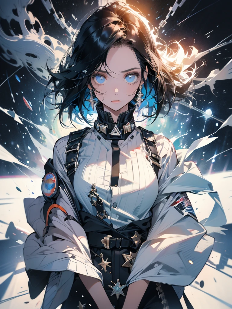 Portrait of a young woman with black hair in zero gravity, The background of the Milky Way and the supermassive black hole as a backdrop