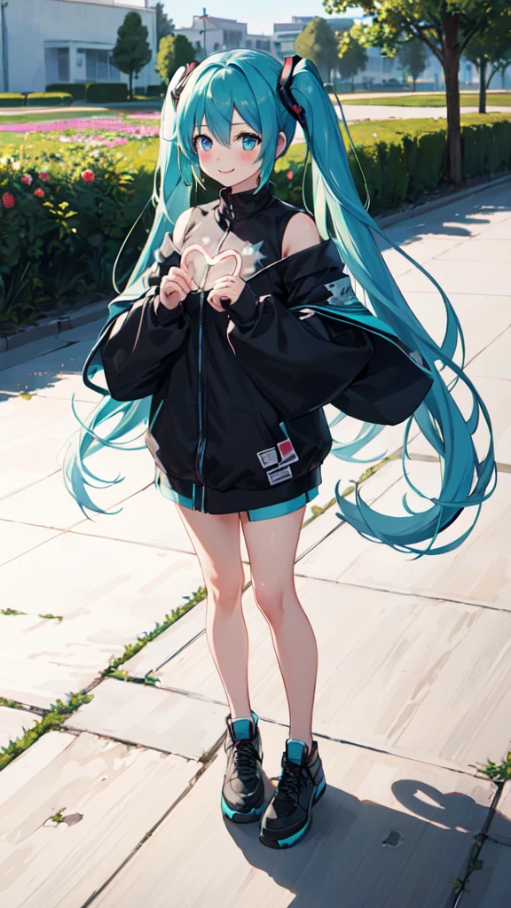 best quality, masterpiece, high resolution, solitary, (Hatsune_future_Blue File:1.10), 1 girl, Wide sleeves, Long sleeve, Looking at the audience, Heart, blush, flowering, Smile, outdoor, Residence, Print  ，full-body shot