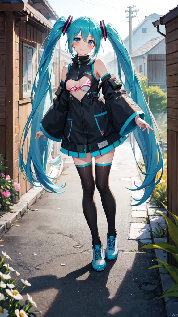 best quality, masterpiece, high resolution, solitary, (Hatsune_future_Blue File:1.10), 1 girl, Wide sleeves, Long sleeve, Looking at the audience, Heart, blush, flowering, Smile, outdoor, Residence, Print  ，full-body shot