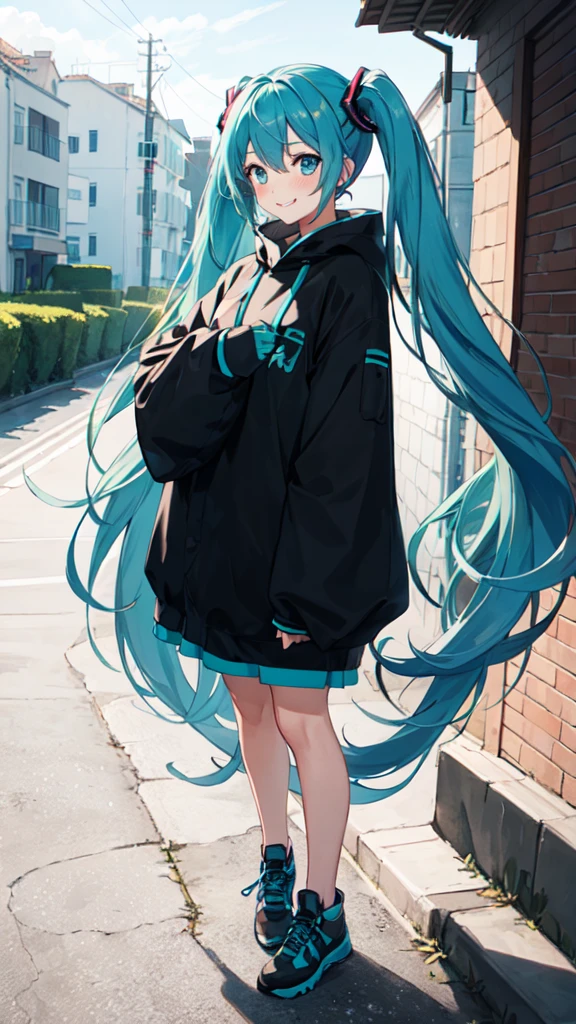 best quality, masterpiece, high resolution, solitary, (Hatsune_future_Blue File:1.10), 1 girl, Wide sleeves, Long sleeve, Looking at the audience, Heart, blush, flowering, Smile, outdoor, Residence, Print  ，full-body shot