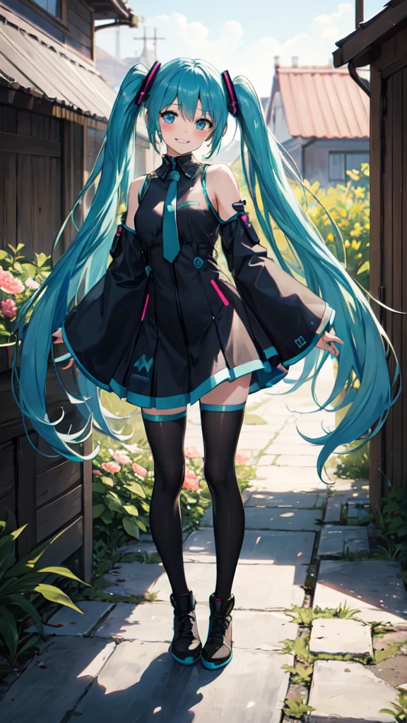 best quality, masterpiece, high resolution, solitary, (Hatsune_future_Blue File:1.10), 1 girl, Wide sleeves, Long sleeve, Looking at the audience, Heart, blush, flowering, Smile, outdoor, Residence, Print 14 ,full-body shot