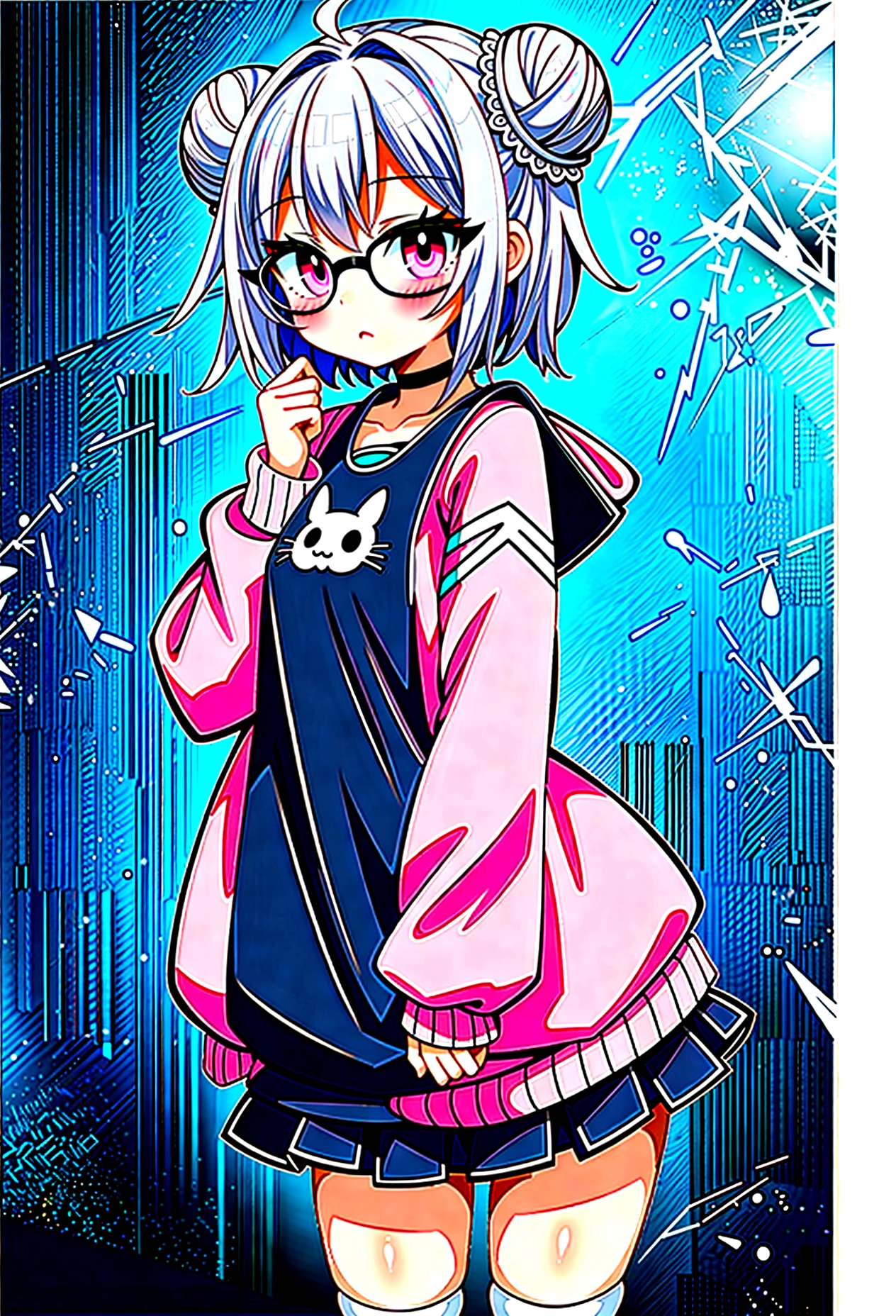 I have white pink hair, cat ears, a bun, my face is super blushing, black glasses, pink heart eyes, a big pink sweatshirt, a black skirt, black stockings, white shoes, a cat's tail, a girl. very shy that she is glued to a wall with her butt
