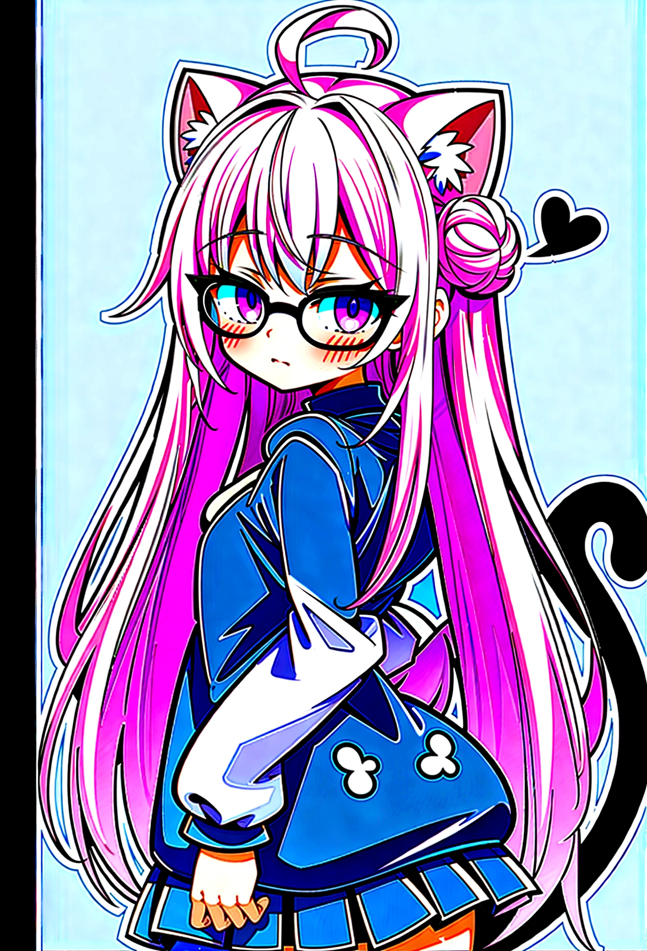 I have white pink hair, cat ears, a bun, my face is super blushing, black glasses, pink heart eyes, a big pink sweatshirt, a black skirt, black stockings, white shoes, a cat&#39;s tail, a girl. very shy that she is glued to a wall with her butt