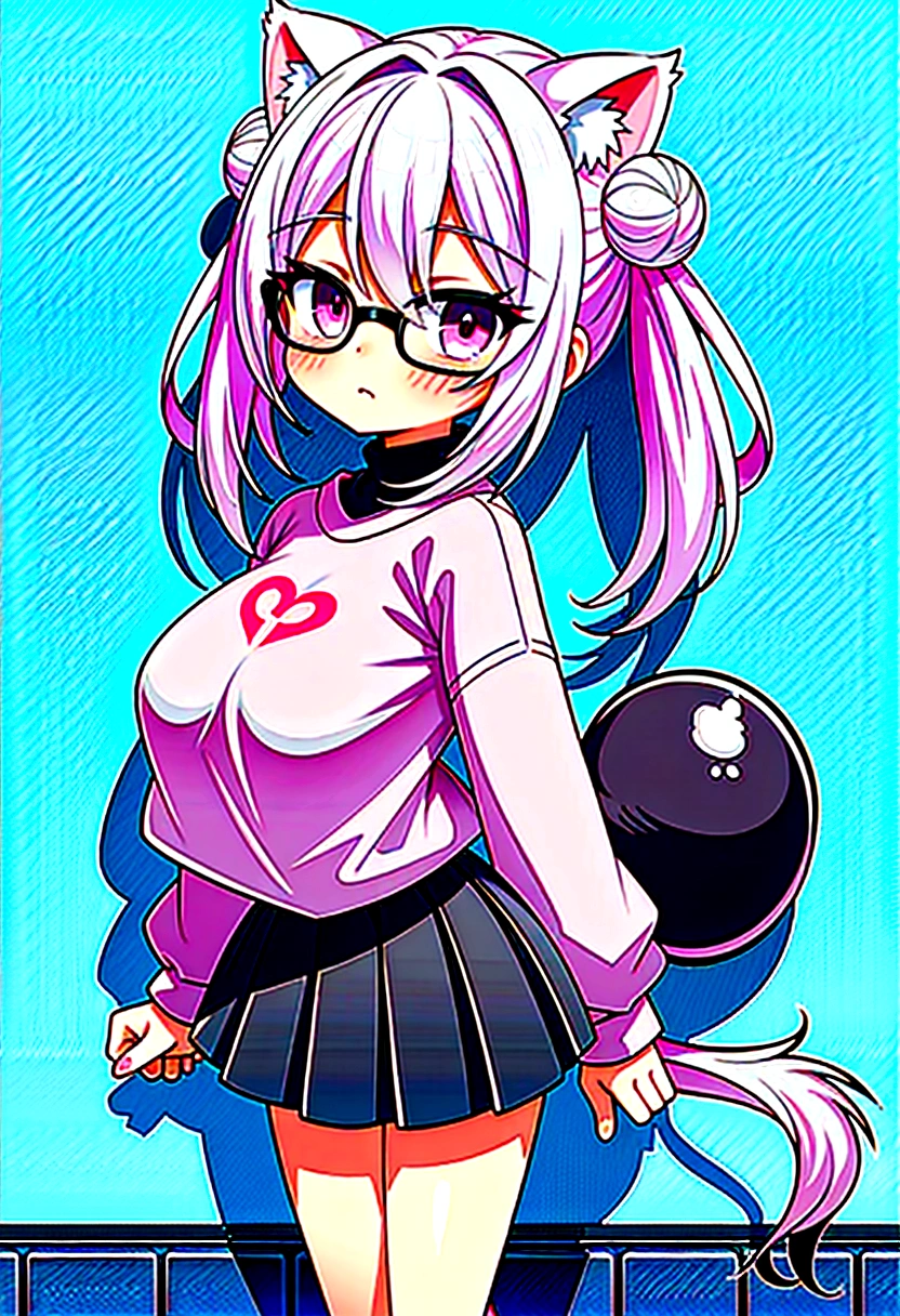 I have white pink hair, cat ears, a bun, my face is super blushing, black glasses, pink heart eyes, a big pink sweatshirt, a black skirt, black stockings, white shoes, a cat's tail, a girl. very shy that she is glued to a wall with her butt