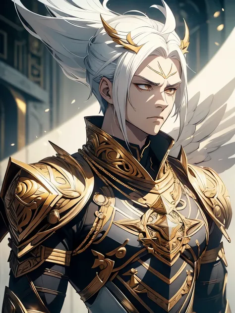 1 white man. whole body, short straight white hair. god. celestial fighting clothes tight, white with gold details. tribal tatto...