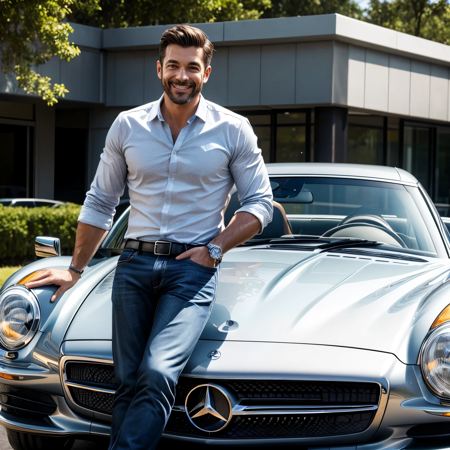 Happy man with a Mercedes star
