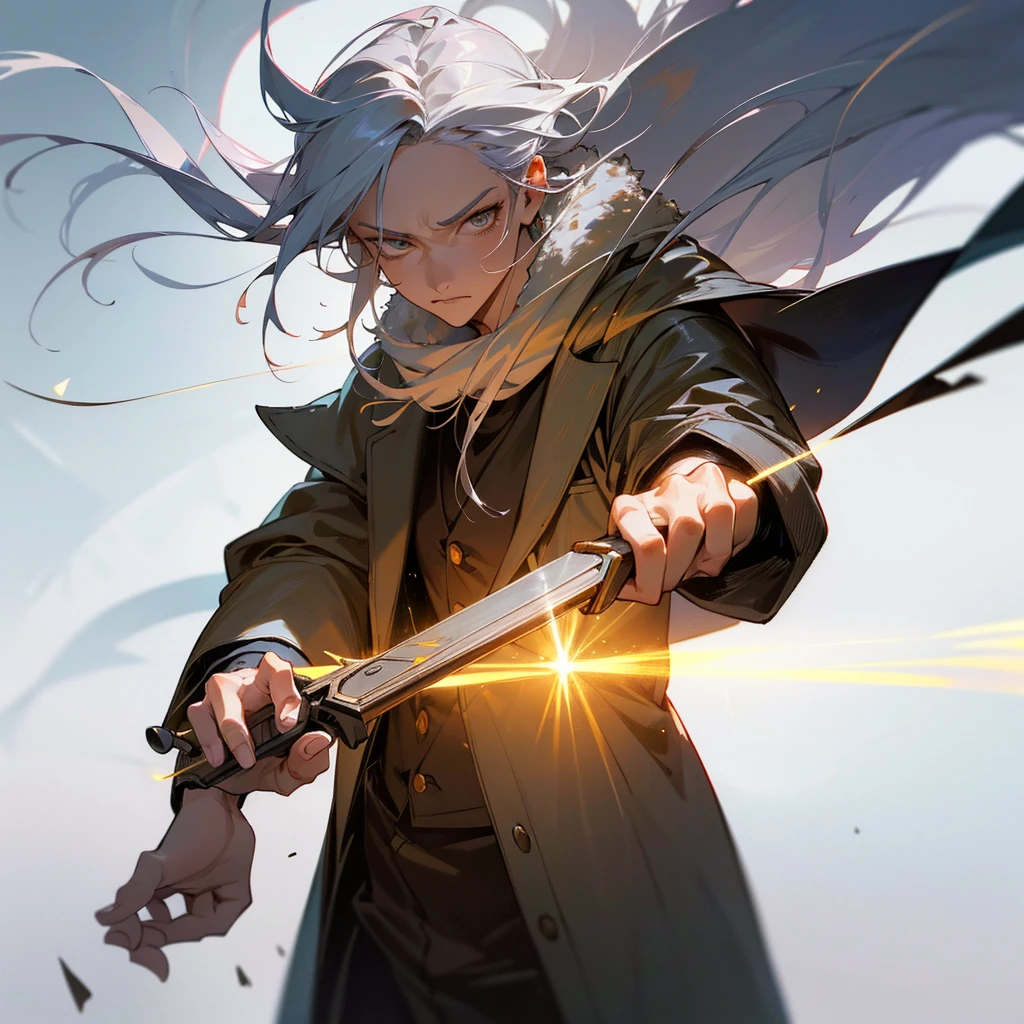 A man with silver hair and amber eyes, holding a small scalpel in his hands while wearing a worn medical coat, dreaming of becoming the world's greatest swordsman surgeon in the style of One Piece, (best quality,4k,8k,highres,masterpiece:1.2),ultra-detailed,(realistic,photorealistic,photo-realistic:1.37),extremely detailed eyes and face,longeyelashes,intricate medical equipment,detailed medical tools,moody dramatic lighting,cinematic composition,vibrant colors,elegant posing,dynamic action pose
