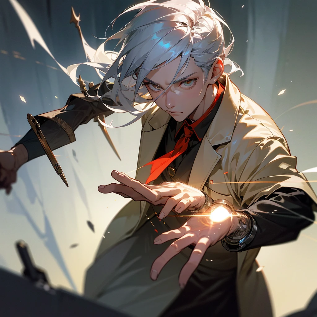 A man with silver hair and amber eyes, holding a small scalpel in his hands while wearing a worn medical coat, dreaming of becoming the world's greatest swordsman surgeon in the style of One Piece, (best quality,4k,8k,highres,masterpiece:1.2),ultra-detailed,(realistic,photorealistic,photo-realistic:1.37),extremely detailed eyes and face,longeyelashes,intricate medical equipment,detailed medical tools,moody dramatic lighting,cinematic composition,vibrant colors,elegant posing,dynamic action pose