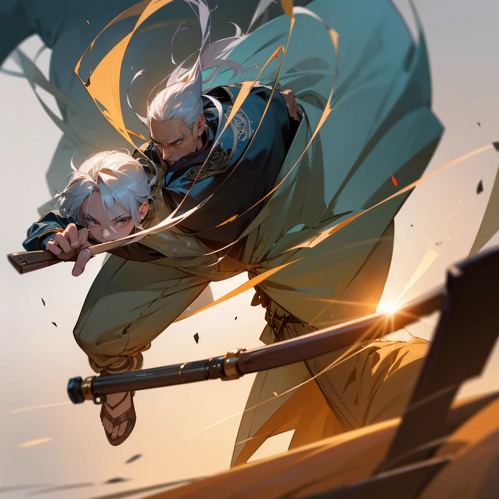 A man with silver hair and amber eyes, holding a small scalpel in his hands while wearing a worn medical coat, dreaming of becoming the world's greatest swordsman surgeon in the style of One Piece, (best quality,4k,8k,highres,masterpiece:1.2),ultra-detailed,(realistic,photorealistic,photo-realistic:1.37),extremely detailed eyes and face,longeyelashes,intricate medical equipment,detailed medical tools,moody dramatic lighting,cinematic composition,vibrant colors,elegant posing,dynamic action pose