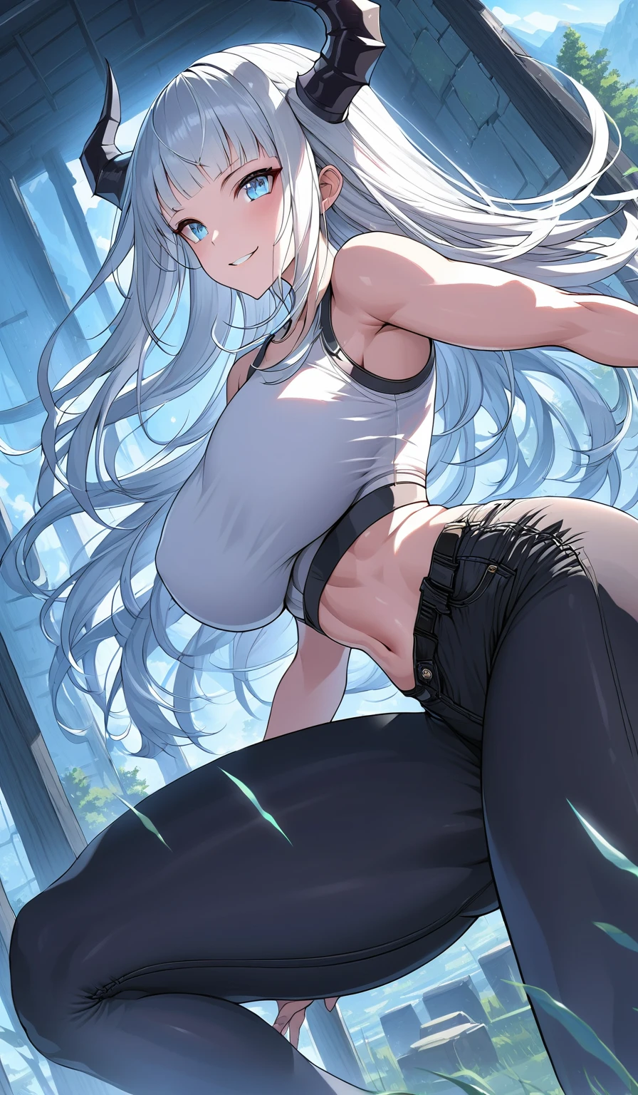 Masterpiece, very detailed, ultra detailed, one, (1 woman), athletic body, six press packages, relief press, she in a white sports bra and tight black jeans, in a stable and fighting position, long hair, straight hair and straight bangs, bright white hair, bright white demonic horns, with large breasts, beautiful, charming, light blue eyes, elegant, wise smile, charming, charming, against the background of nature and mountains.